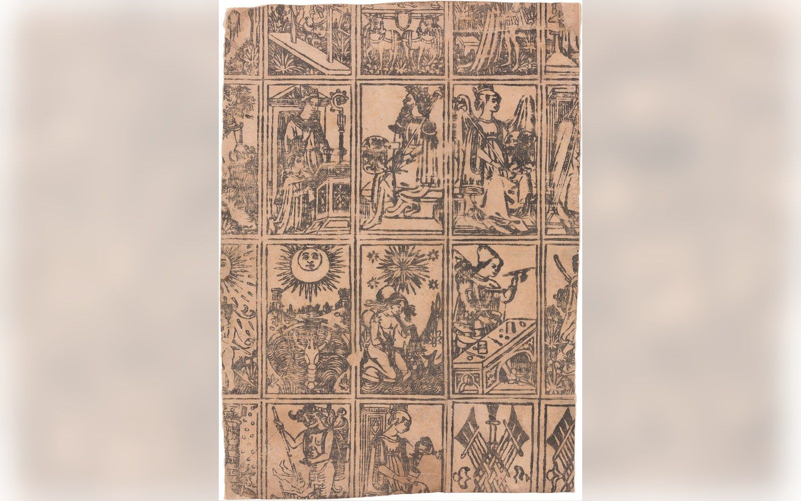 Uncut sheet of woodblock-printed tarot cards showing allegorical figures, sun, stars and suits