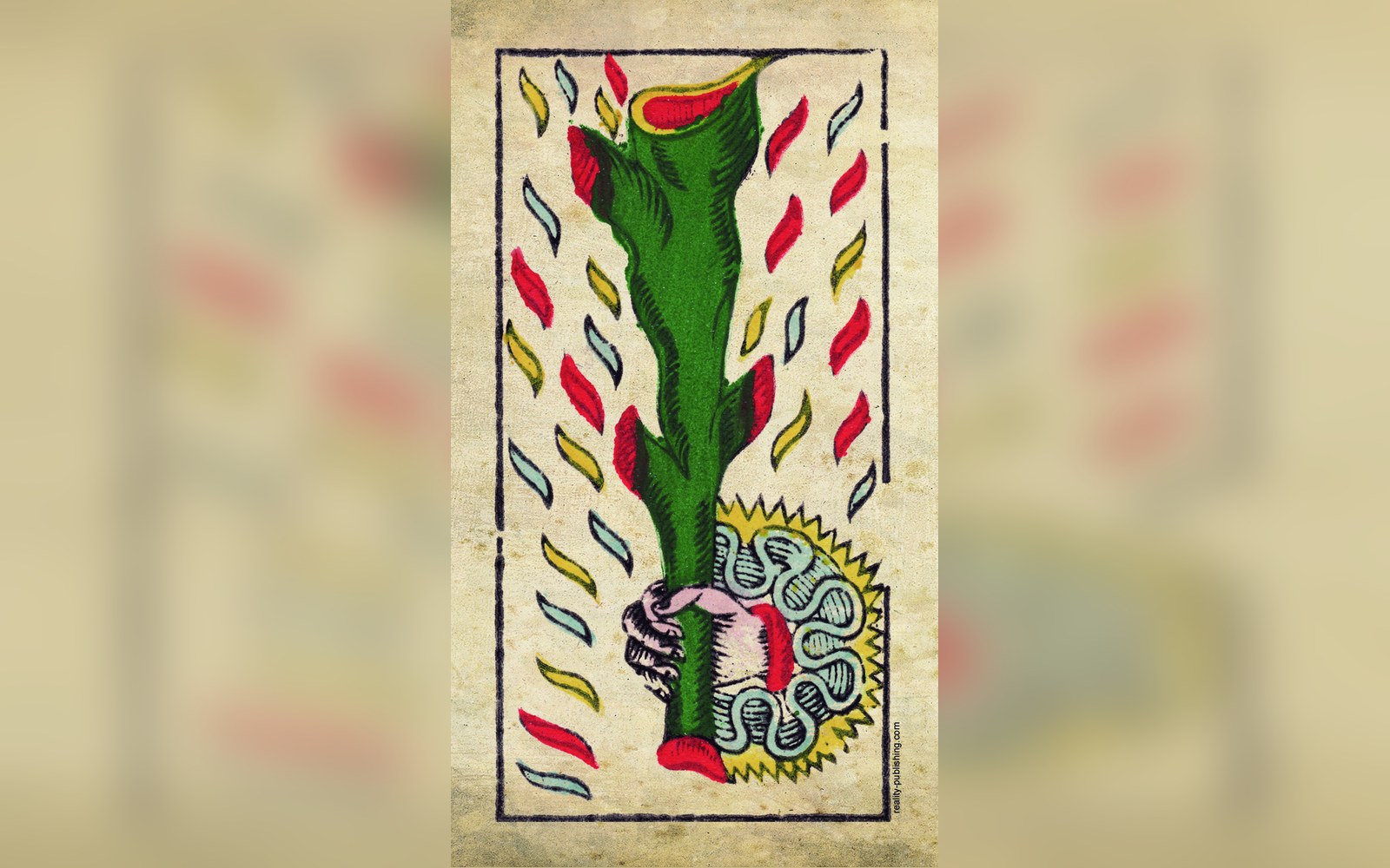 Ace of batons tarot card showing a hand gripping a green club amid colorful flames