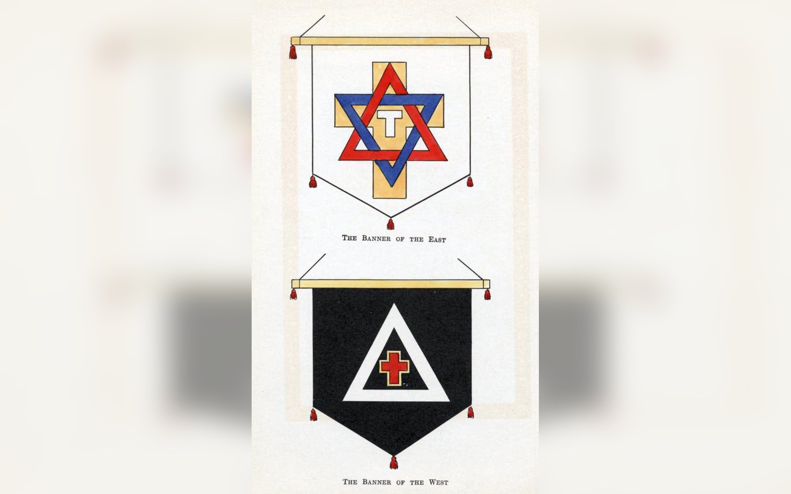 Illustration of two Golden Dawn ceremonial banners with interlocking triangle and cross symbols