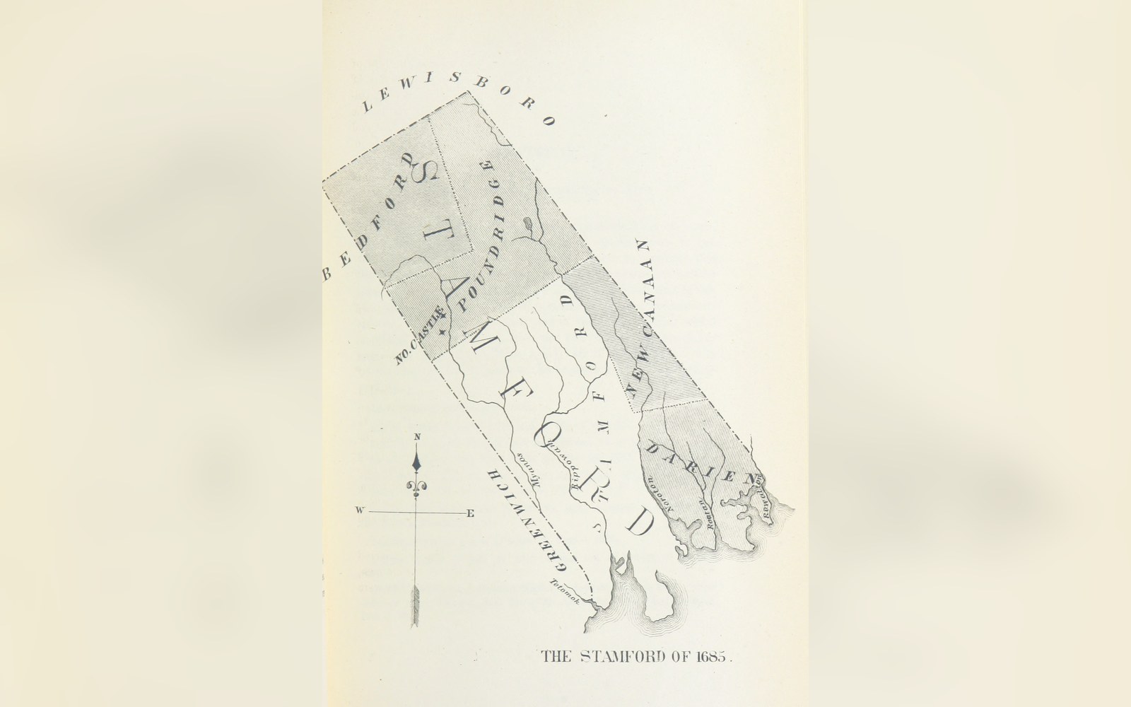 Old map illustrating the boundaries of Stamford, Connecticut, in 1685
